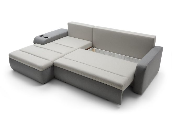 Mellow Fabric Corner Sofa Bed with Storage and Cup Holder