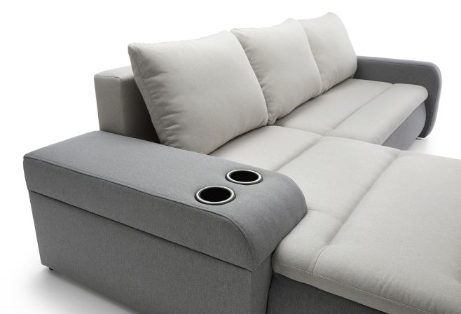 Mellow Fabric Corner Sofa Bed with Storage and Cup Holder