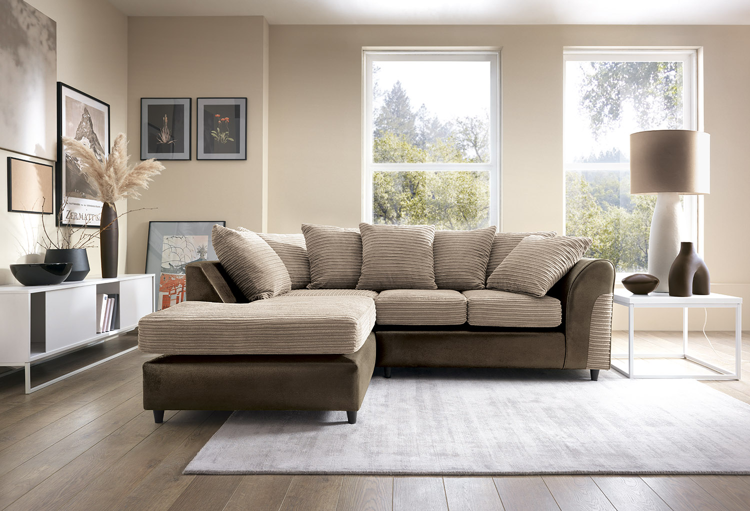 Brown fabric shop corner sofa