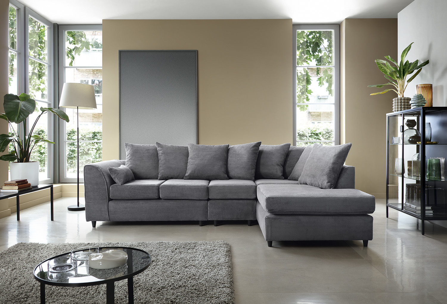Large grey shop cord corner sofa